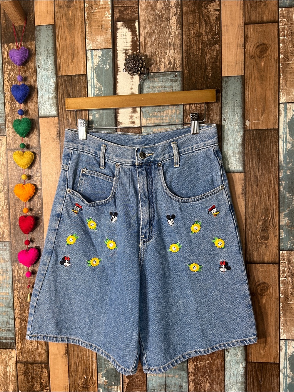 High-Waist Blue Embroidered Mickey Mouse Denim Bermuda Shorts